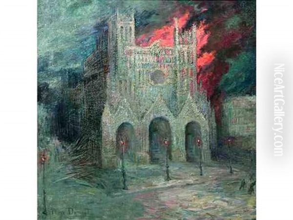 La Cathedrale De Reims En Flamme La Nuit Oil Painting by Pierre Dumont