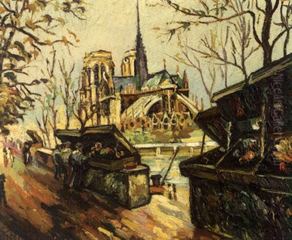 Les Bouquinistes Devant Notre-dame De Paris Oil Painting by Pierre Dumont