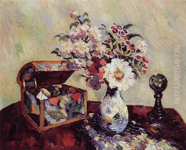 Bouquet De Fleurs Sur Un Entablement Oil Painting by Pierre Dumont