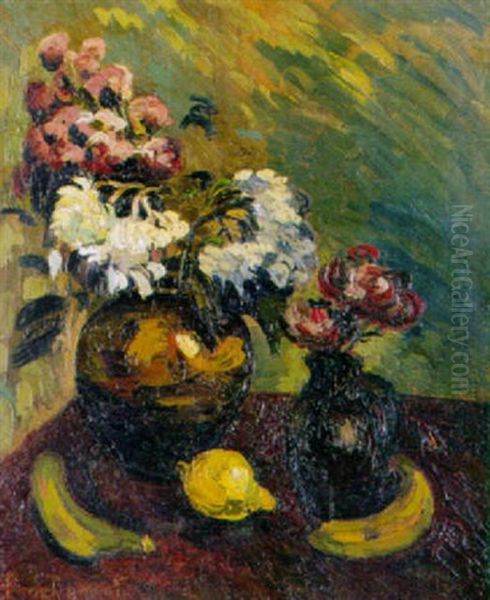 Stilleben Mit Blumenstraussen Und Zitrone Oil Painting by Pierre Dumont