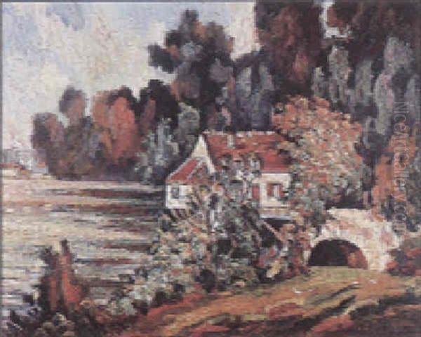 Le Petit Pont Pres De Vernon Oil Painting by Pierre Dumont