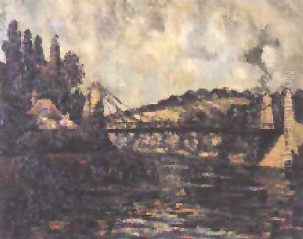 Franzosische Flusslandschaft Mit Hangebrucke Oil Painting by Pierre Dumont