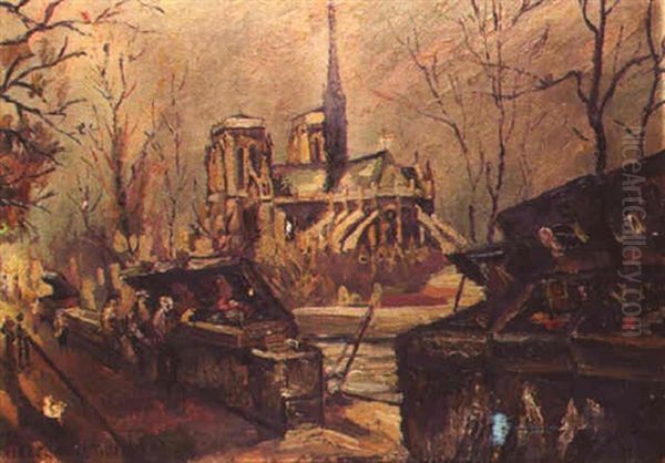 Notre Dame, Les Quais Et Les Bouquinistes Oil Painting by Pierre Dumont