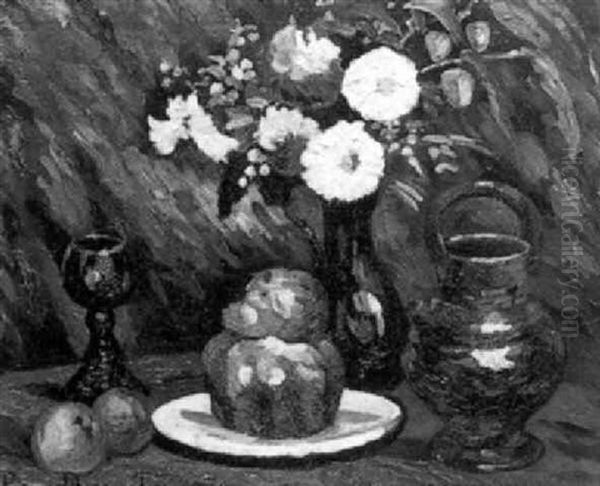 Nature Morte Au Vase De Fleurs Et Brioche Oil Painting by Pierre Dumont