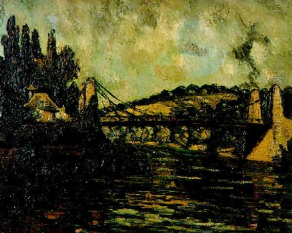 Franzosische Fluslandschaft Mit Hangebrucke Oil Painting by Pierre Dumont