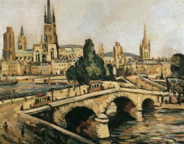 Le Pont De Pierre Et La Cathedrale A Rouen Oil Painting by Pierre Dumont