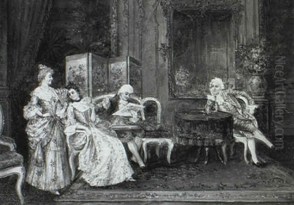 Rococo Interior With Ladies And Their Suitors Oil Painting by Pierre Dumont