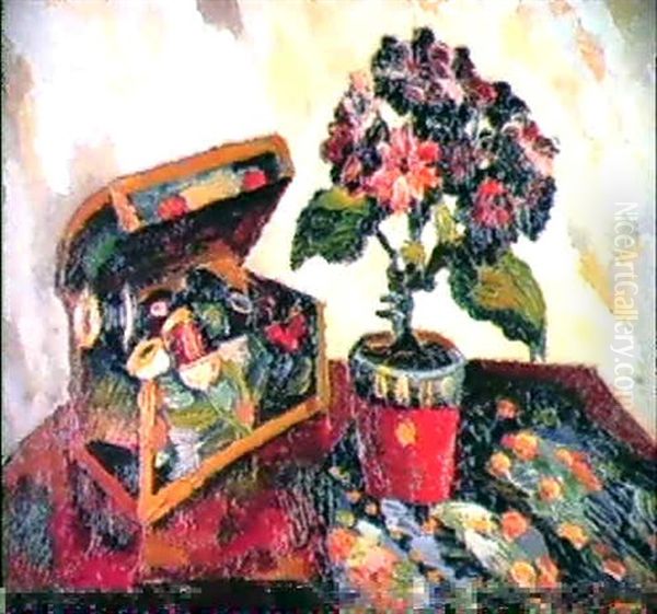 Nature Morte Au Coffret De Mariage Et Pot De Fleurs Oil Painting by Pierre Dumont