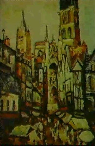 La Cathedrale De Rouen Un Jour De Marche Oil Painting by Pierre Dumont