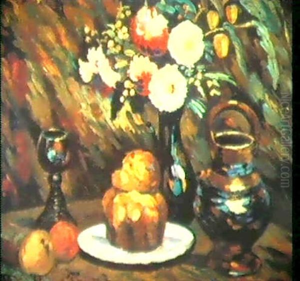 Nature Morte Avec Fleurs Et Grande Brioche Oil Painting by Pierre Dumont