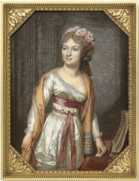 A Young Lady Called Mademoiselle Maillard (1766-1818), In White Silk Dress, Standing In Front Of A Pianoforte Oil Painting by Francois Dumont