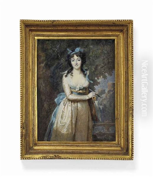 Portrait De Jeune Femme Tenant Un Carton A Dessin Et Un Pinceau Oil Painting by Francois Dumont