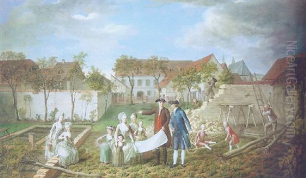 The Grounds Of A Farmhouse With Architect Showing His Plans To An Elegant Family, Buiders Nearby Oil Painting by Francois Dumont