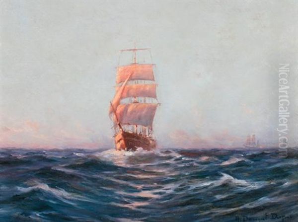 Clipper Ship At Sunset Oil Painting by Robert Dumont-Duparc