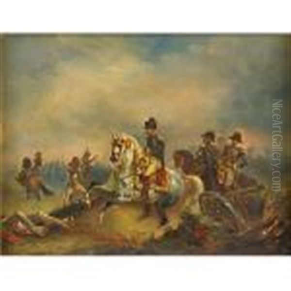 Napoleon Bonaparte On Horseback Post-battle Oil Painting by Francois Aime Louis Dumoulin