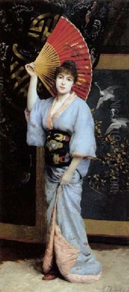 Young Beauty In A Kimono Oil Painting by Emile Dumoulin