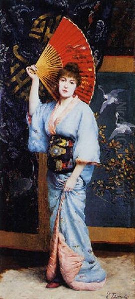 Young Beauty In A Kimono Oil Painting by Emile Dumoulin