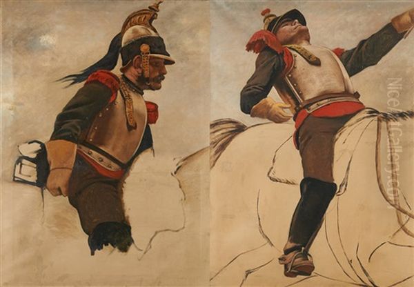 Esquisses Pour Le Panorama De La Bataille De Waterloo (soldats Francais) (2 Sketches) Oil Painting by Louis-Jules Dumoulin