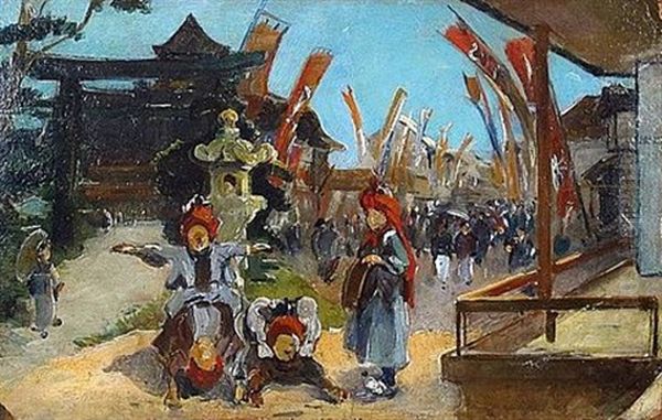 Koi Nobori (fete Des Garcons) A Kyoto Oil Painting by Louis-Jules Dumoulin