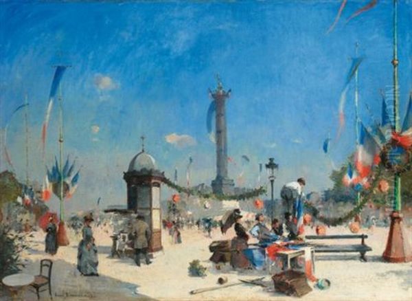 Preperation For 14 Juillet Celebrations, Place De La Bastille, Paris Oil Painting by Louis-Jules Dumoulin