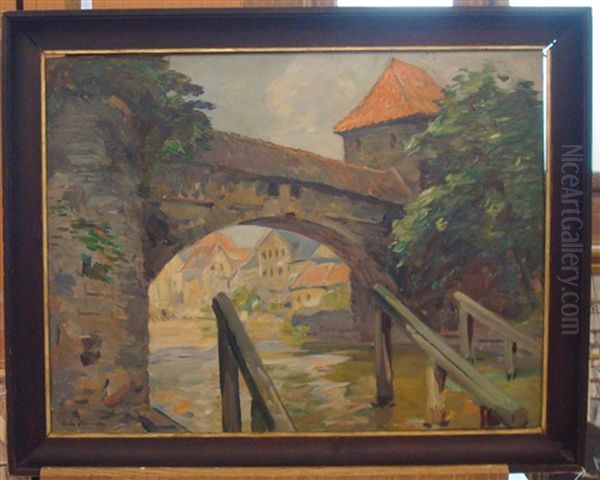 Le Pont Sur La Pegnitz A Nuremberg Oil Painting by Louis-Jules Dumoulin