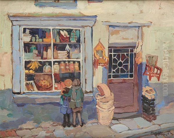 Enfants Revant Devant La Vitrine Oil Painting by Romeo Dumoulin