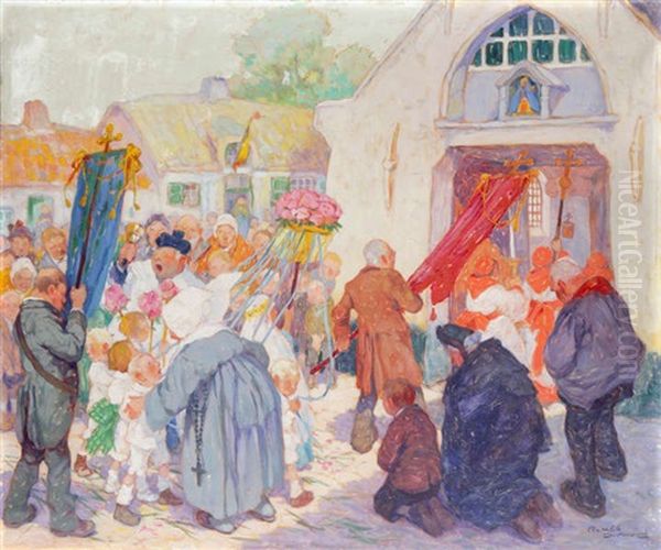 La Rentree De La Procession (sketch) Oil Painting by Romeo Dumoulin