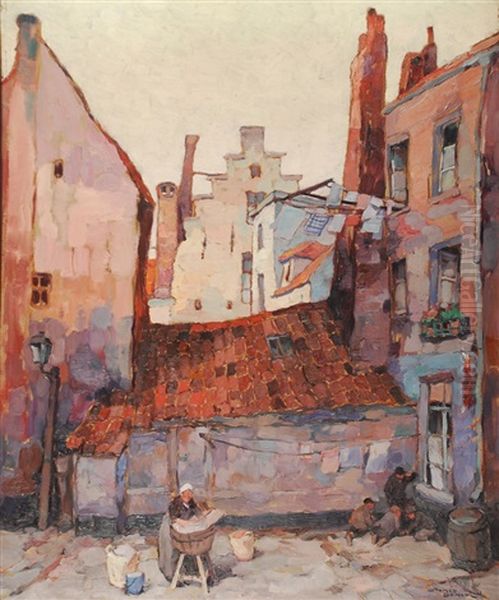 Coin De Rue Avec Lavandiere Et Enfants Oil Painting by Romeo Dumoulin