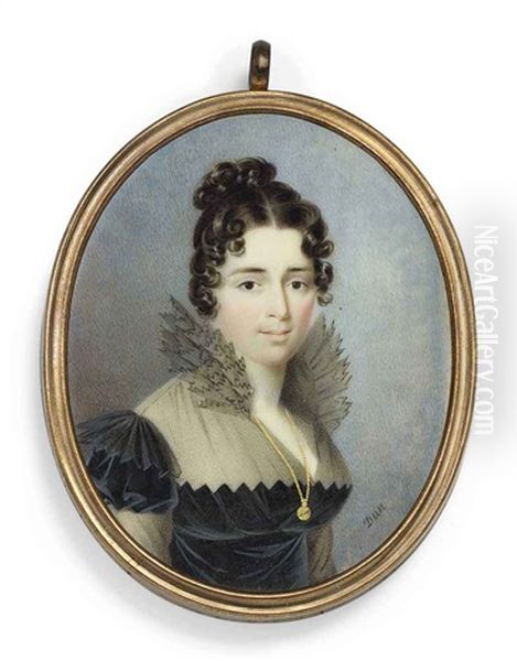 A Young Lady, In Black Dress With Fichu And Black Gauze Upstand Collar, Wearing A Long Gold Chain And Pendant Oil Painting by Nicolas-Francois Dun