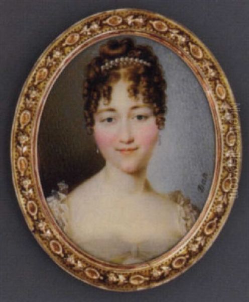 Athenais D'arlincourt, Comtesse De Sassenay, In White Dress With Lace Bordered Sleeves, Drop Pearl Earrings, Pearls In Her Upswept And Curled Brown Hair Oil Painting by Nicolas-Francois Dun