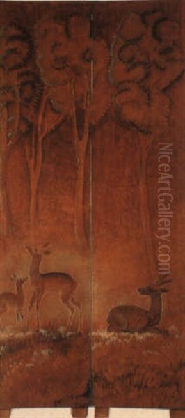 Decor De Biche Et De Cerf Dans La Foret Oil Painting by Jean Dunand