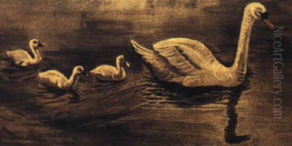 Cygne Et Ses Trois Petits Oil Painting by Jean Dunand