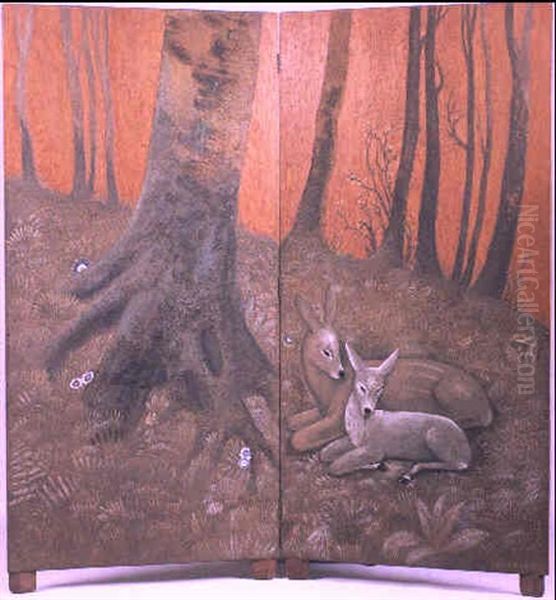 Biche Et Son Faon Sur Fond D'arbres Oil Painting by Jean Dunand