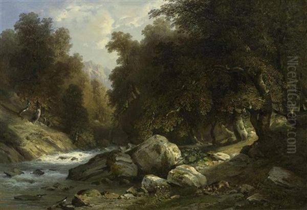 Waldlandschaft Mit Einem Fuchs Am Wasser Oil Painting by Jacques Dunant