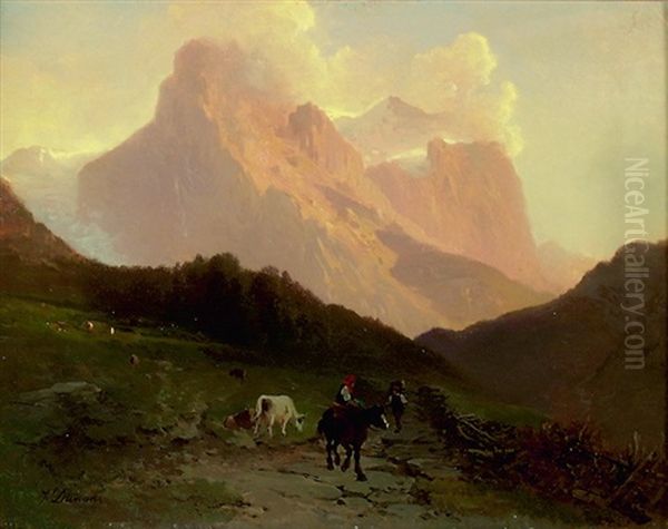 Hirtin Auf Maulesel Reitend, Ein Hirte Und Weidende Kuhe Vor Gebirgslandschaft by Jacques Dunant