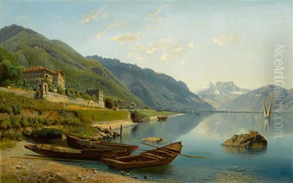 Lac Leman Avec Vue Sur La Vallee Du Rhone Et Le Mont Blanc Oil Painting by Jean-Marc Dunant-Vallier