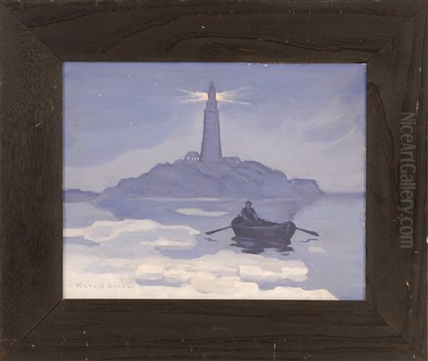 Moonlit Scene Of A Lighthouse And Figures In A Rowboat Oil Painting by Harold C. Dunbar