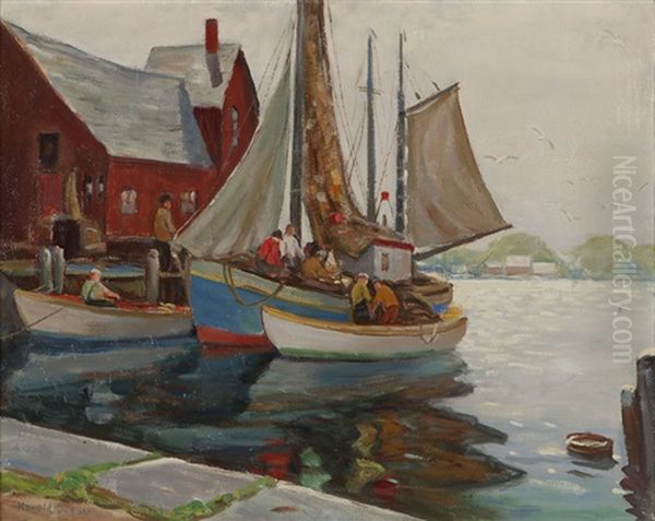 Boats And Fishermen At Dock Oil Painting by Harold C. Dunbar