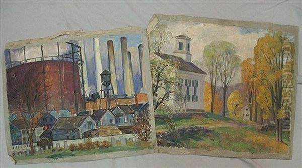 Landscape With Buildings (+ Lanscape With Church; 2 Works) Oil Painting by Harold C. Dunbar