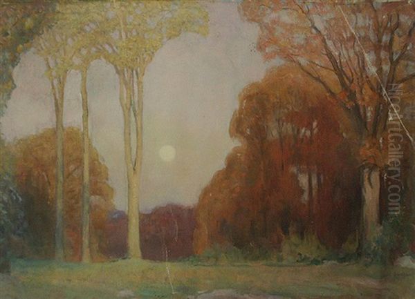 Autumnal Sunrise Scene (+ Snowy Landscape, Verso) Oil Painting by Harold C. Dunbar