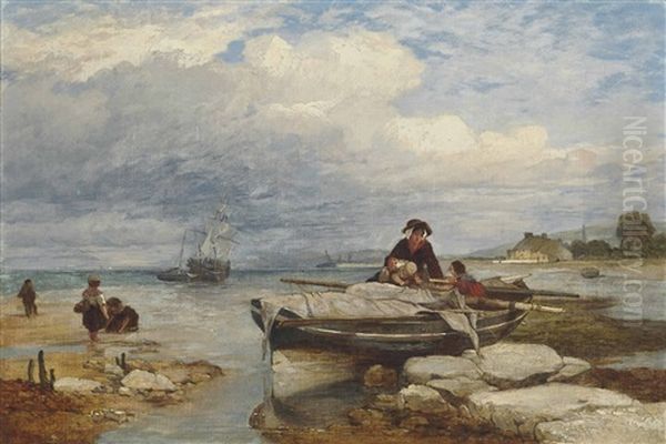 Fisherfolk On The Shore At Low Tide Oil Painting by Edward Duncan