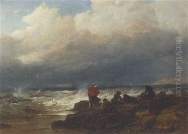 Mussel Gatherers Gossiping On The Rocks As They Work Oil Painting by Edward Duncan