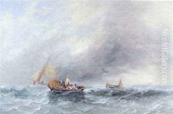 Fishermen Hauling In Nets In A Squall, Sailing Boats Beyond Oil Painting by Edward Duncan