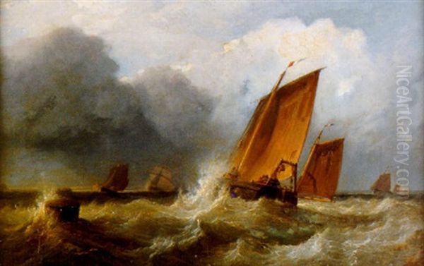 Lugsailed Fishing Boats In Choppy Seas Oil Painting by Edward Duncan