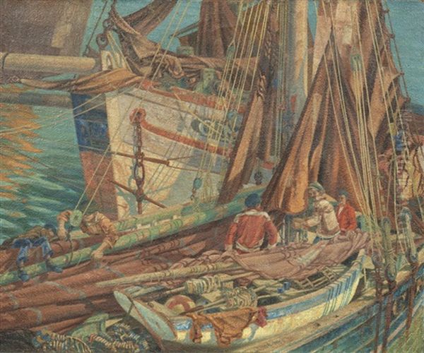 Drying The Nets, Newlyn Oil Painting by John Duncan