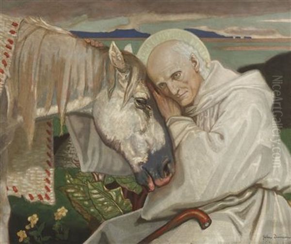 St. Columba Bidding Farewell To The Old Horse Oil Painting by John Duncan