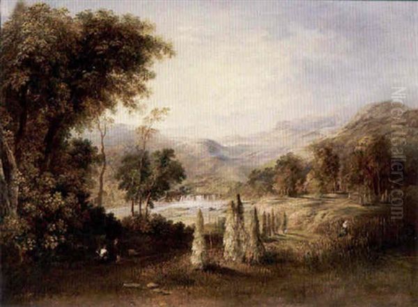 Figures Working In A River Valley Oil Painting by Robert Scott Duncanson