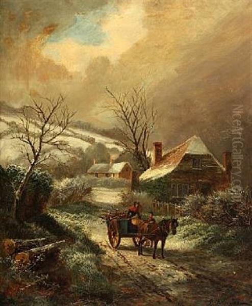 Wintry Landscape With Persons And A Horse Carriage Oil Painting by Albert Dunington