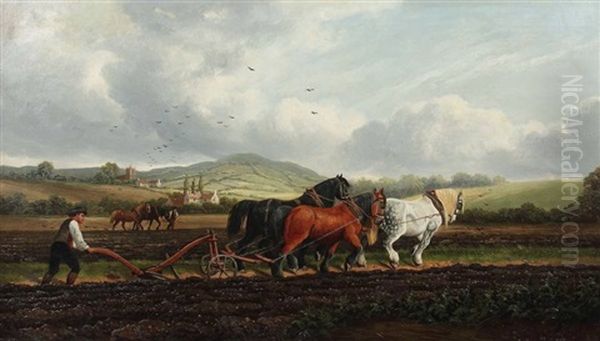 Bauern Mit Ihren Pferden Beim Pflugen In Hugeliger Landschaft Oil Painting by Albert Dunington