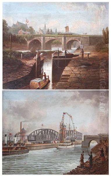 The Old Aquaduct - Barton (+ Barton, The Ship Canal, With Horseman And Snowdrop Passing; Pair) Oil Painting by Albert Dunington